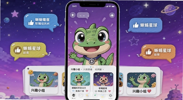 蜥蜴星球 软件主界面 手机屏幕中央显示卡通蜥蜴IP形象与兴趣小组卡片 背景是渐变的紫色星空 周围漂浮着聊天气泡和点赞图标 整体风格活泼可爱 适配Boogu模型生成