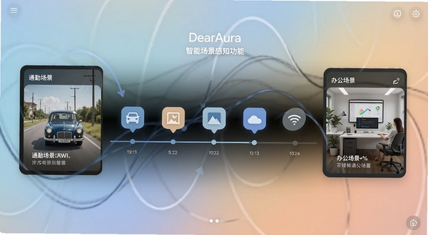 DearAura 智能场景感知功能界面,画面中央展示时间轴与场景图标自动切换动画,左侧为通勤场景卡片,右侧为办公场景卡片,背景柔和渐变,突出流畅过渡效果