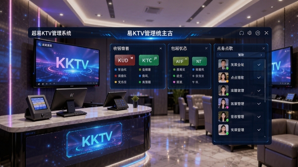 超易KTV管理系统主界面截图，展示收银台、包厢状态、点歌列表等核心功能模块，背景为现代KTV包房环境，界面清晰明亮，色彩鲜艳，整体风格专业且具有科技感，适合软件介绍页面使用