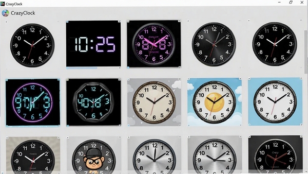 展示CrazyClock软件中多款时钟皮肤的预览界面，界面以网格形式陈列着各种风格迥异的时钟皮肤，包括指针式、数字式、霓虹灯风格、卡通风格等，背景为浅灰色，整体布局清晰，突出软件的丰富皮肤库，画面中不要出现任何文字