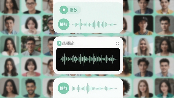描绘唇聊软件动态广场的界面概念图,画面主体为瀑布流式的内容卡片,卡片上均展示有“播放”按钮和可视化的音频波形图,背景是模糊处理的用户头像墙,色调清新明快,以薄荷绿和白色为主,突出社区内容的丰富多样与清爽的浏览体验,整体风格扁平化设计,强调音频内容的核心地位。