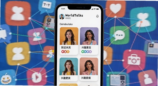 WorldTalks社交发现页面，画面展示手机屏幕内呈现附近的人与兴趣标签卡片，背景为多彩的社交图标与连接线，整体风格年轻活力，适配Boogu模型生成