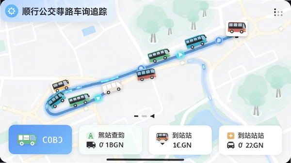 顺行公交-路线查询实时车辆追踪功能截图，地图上多辆公交车图标沿路线移动，底部车牌号与到站时间卡片，地图配色柔和，图标设计直观，展示科技感与便利性
