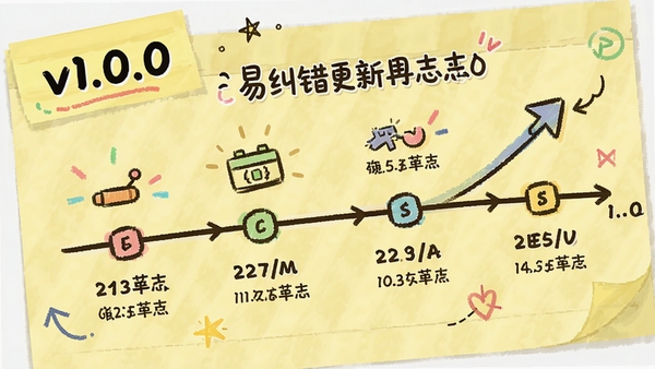 易纠错更新日志配图，画面以时间轴形式展示1.0版本的功能节点，背景为淡黄色便签纸质感，左上角有v1.0.0字样，整体风格轻松活泼，突出版本迭代的清晰脉络