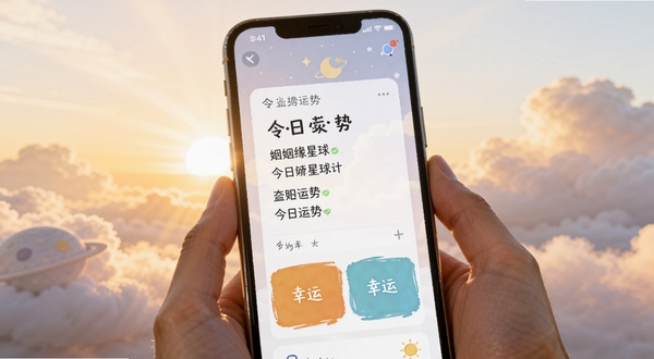 姻缘星球每日运势卡片界面，画面中手机屏幕显示今日运势文字与幸运色块，背景为清晨柔和光线与云朵，整体色调温暖明亮，体现轻松日常感