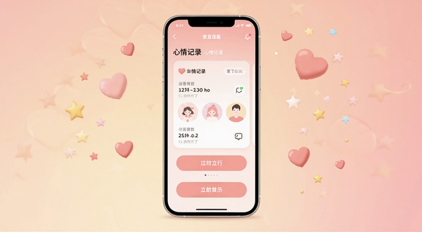 爱了么软件主界面全貌展示，画面中央为手机屏幕正视图，屏幕内呈现温馨粉色系UI界面，包含心情记录卡片和互动按钮，背景为柔和渐变暖色调，周围点缀爱心与小星星元素，整体风格清新治愈，适配Boogu模型生成