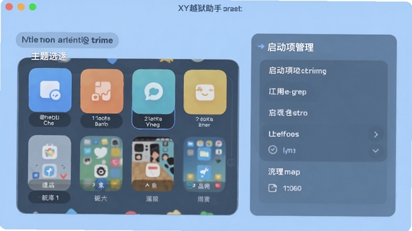 XY越狱助手个性化设置界面,展示主题选择与启动项管理面板,背景为柔和的浅蓝色,风格清爽友好