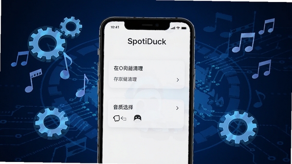 SpotiDuck设置界面展示,手机屏幕显示存储清理和音质选择选项,背景为深蓝色科技感风格,周围有齿轮图标和音乐符号,画面清晰明亮
