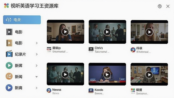 视听英语学习王资源库界面,展示分类列表和视频缩略图,包含电影、纪录片、新闻等标签,图标排列整齐,配色清新