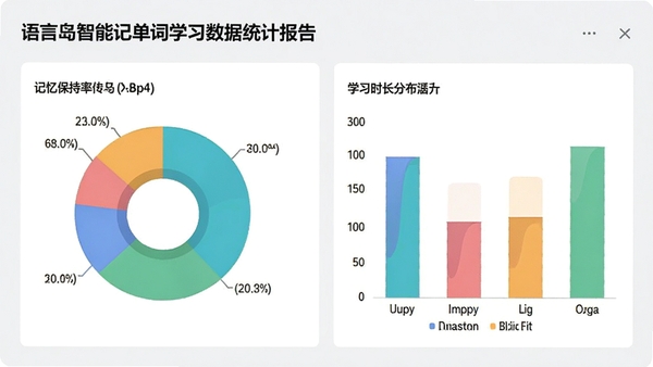语言岛智能记单词学习数据统计报告页面,以饼状图和柱状图展示记忆保持率、学习时长分布,背景为浅灰色面板,图表配色清新明快,突出数据可视化的清晰与直观