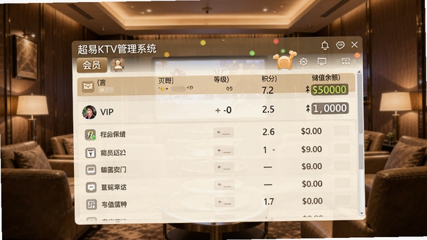 超易KTV管理系统会员管理界面，展示会员列表、等级、积分和储值余额，背景为VIP休息区，界面风格温馨，突出客户关系管理功能