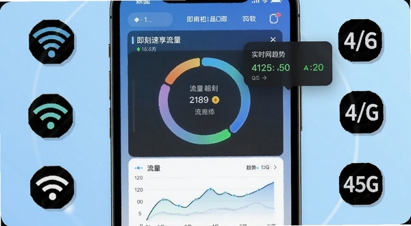 即刻速享流量 软件主界面全貌 位于画面中央 显示流量统计环形图与实时网速悬浮窗 背景为浅蓝色渐变 手机屏幕中展示流量使用趋势折线图 周围环绕WiFi信号图标和4G/5G标识 整体风格清爽科技感 适配Boogu模型生成