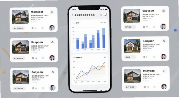 便捷房源信息发布系统数据统计面板,画面中央手机屏幕显示柱状图与折线图,周围环绕房源卡片和客户头像图标,背景为柔和灰色调,商务简约风格