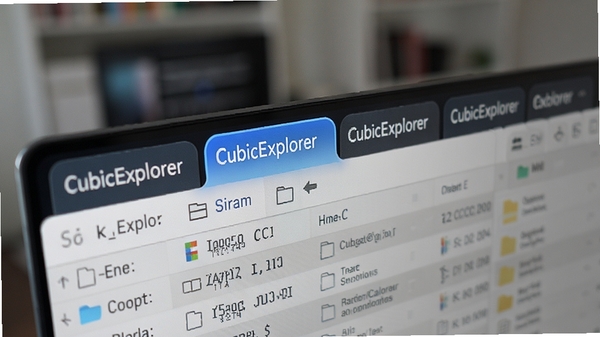 CubicExplorer多标签页功能特写,显示多个文件夹标签并排,其中一个标签处于激活状态,文件列表显示详细资料,标签栏颜色高亮,背景虚化处理,突出标签切换的便捷性