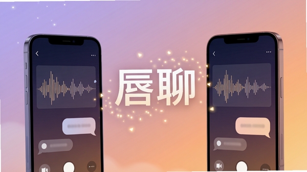 为唇聊软件设计一张充满温暖氛围的宣传主图,画面主体是两部智能手机屏幕中显示着音频波形图与对话气泡,背景采用柔和的渐变色,从淡紫色过渡到暖橙色,暗示从夜晚到黎明的陪伴感,整体风格现代简约,突出“用声音连接彼此”的主题,画面中央悬浮着“唇聊”二字,配以微光粒子效果,营造出温馨、亲切的视觉感受。