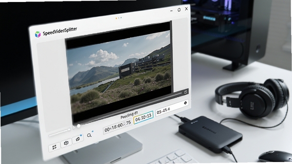 Boogu生图提示词：一款名为SpeedVideoSplitter的视频分割软件在电脑屏幕上运行的界面特写，界面简洁明亮，主窗口显示视频预览区域和精确的时间码输入框，背景是模糊的现代工作台，桌上摆放着外接硬盘和耳机，画面风格写实且富有科技感，突出软件对视频处理的专业性与便捷性