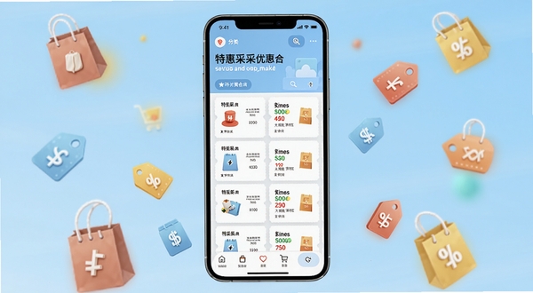 特惠采采优惠聚合界面展示，手机屏幕中央显示分类清晰的优惠券列表，背景为浅蓝色渐变，周围点缀购物袋与折扣标签图标，整体风格简洁明快