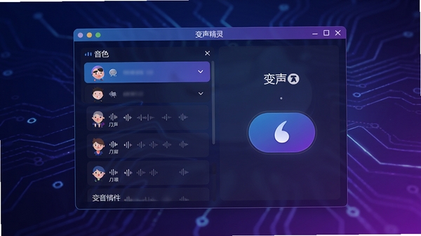 变声精灵主界面预览图，展示软件主窗口、音色列表、变声开关按钮，背景为深色渐变科技感风格，界面元素清晰，整体色调为蓝紫色，画面干净无杂物