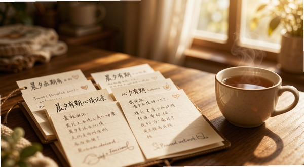晨夕有期心情记录界面特写,画面主体为手写风格的便签卡片排列在木质桌面上,旁边有一杯热茶和晨光透过的窗户,背景区域虚化处理,突出温暖治愈的记录氛围