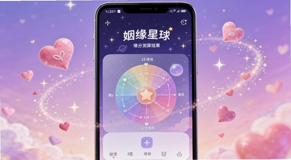 姻缘星球缘分测算结果页面，画面中一部安卓手机显示彩色缘分报告图表，周围环绕粉色心形与星光粒子，背景为柔和渐变紫色，突出温馨浪漫氛围