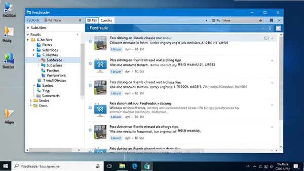 Feedreader软件主界面预览图,展示一个清爽的Windows桌面RSS阅读器,左侧为订阅列表树形目录,右侧为文章列表和阅读窗格,整体采用蓝白配色,界面布局清晰,图标现代简约,背景为浅灰色桌面环境