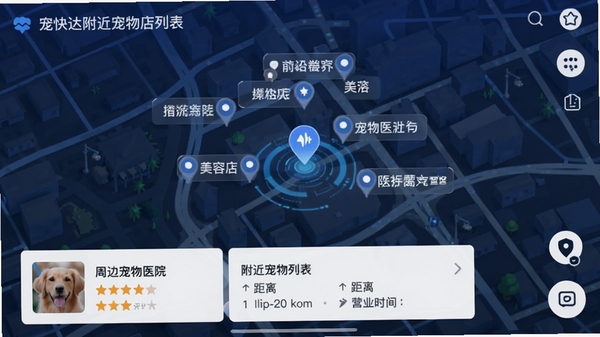 宠快达附近宠物店列表截图,地图模式显示周边宠物医院、美容店标记,底部弹出商家卡片,包含评分、距离、营业时间,背景为城市街道地图,科技感蓝色调,UI界面清晰