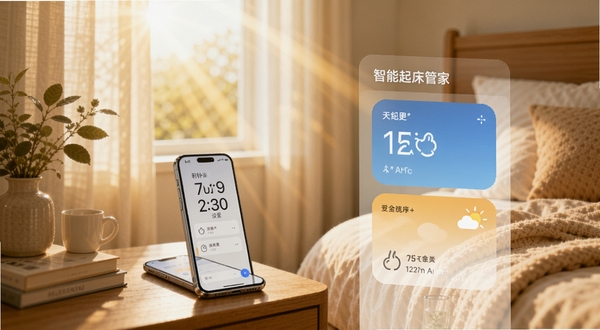 早安家智能起床管家功能界面,手机屏幕显示闹钟设置与天气卡片,画面中有阳光从窗帘透入的卧室背景,床头柜上放置手机,整体色调温暖明亮,细节丰富