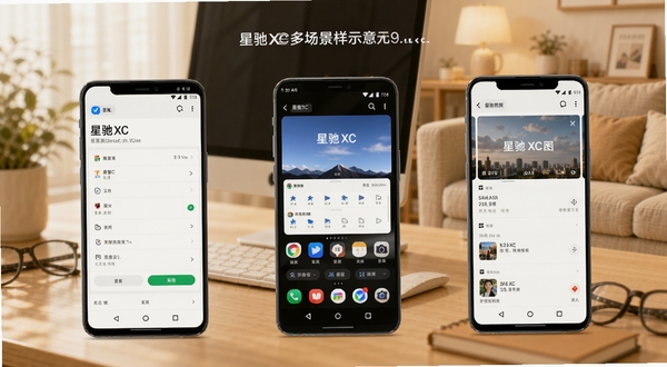 星驰XC多场景使用示意，画面中展示三部并排的安卓手机，分别呈现星驰XC在不同使用场景下的界面状态，背景为办公桌与居家环境融合的模糊场景，色调温暖明亮，体现软件融入日常生活的多样可能