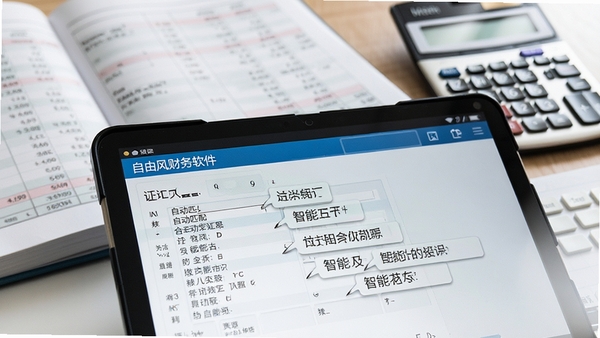 自由风财务软件凭证处理功能特写,画面聚焦于凭证录入界面,显示自动匹配的会计科目和智能提示,背景虚化的账簿和计算器,突出高效智能的办公场景