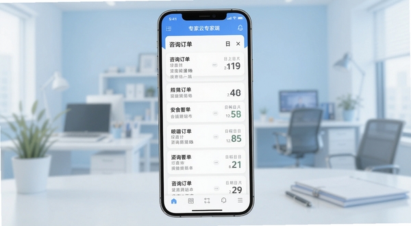专家云专家端 软件主界面功能全貌展示 手机屏幕中央呈现咨询订单列表与日程卡片 背景为浅蓝色办公场景虚化 适配Boogu模型生成