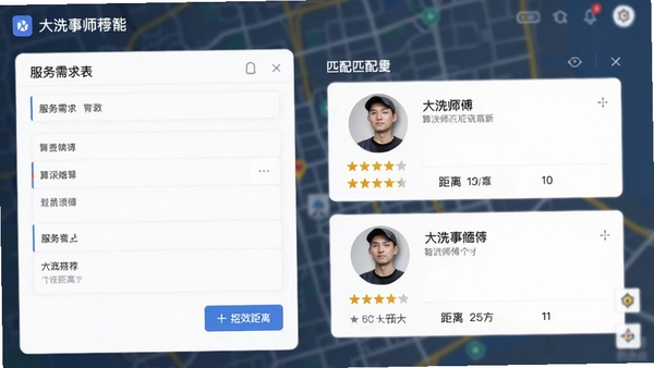 大洗事师傅智能匹配功能界面截图，左侧为服务需求表单，右侧显示匹配到的师傅卡片列表，卡片上有师傅头像、星级评分和距离信息，背景为模糊化的城市地图，整体UI简洁现代，突出算法推荐与高效派单逻辑