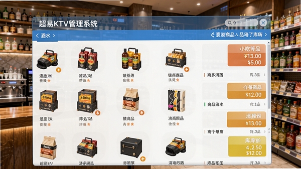 超易KTV管理系统商品销售界面，展示酒水、小吃等商品列表、价格和库存信息，背景为吧台或超市货架，界面中商品图片与列表结合，色调明亮，突显零售管理功能