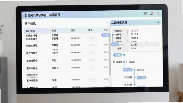 自由风汽修软件客户档案管理界面截图,展示客户列表和车辆信息详情,包含车牌号、手机号、车型,背景为电脑屏幕显示效果,界面配色柔和,重点突出车辆维保记录时间线