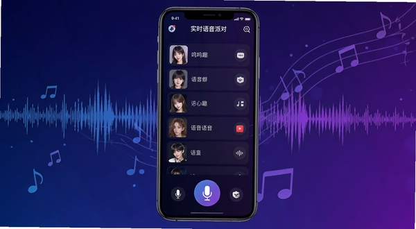 鸣趣实时语音派对界面，手机屏幕显示语音房间列表和麦克风图标，背景为深蓝色与紫色渐变，点缀声波和音符元素，风格科技感十足，适配Boogu模型生成