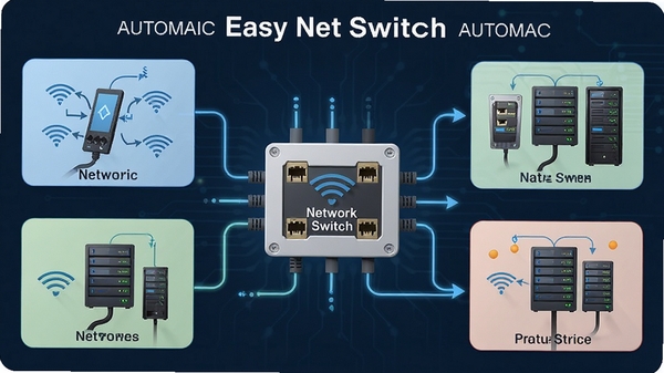 Easy Net Switch自动识别网络环境的示意图,展示不同网络场景间的智能切换