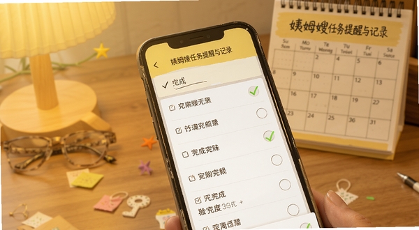 姨姆嫂任务提醒与记录界面，手机屏幕展示日程列表与完成打勾状态，背景为书桌与日历元素，暖黄色调，体现姨姆嫂家庭事务管理场景