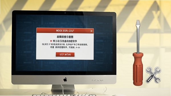 特工移动硬盘加密软件(GLSCC-Y)故障排查示意图,画面展示电脑屏幕前出现错误弹窗,旁边有螺丝刀和工具图标,背景为淡黄色警示色调,风格写实
