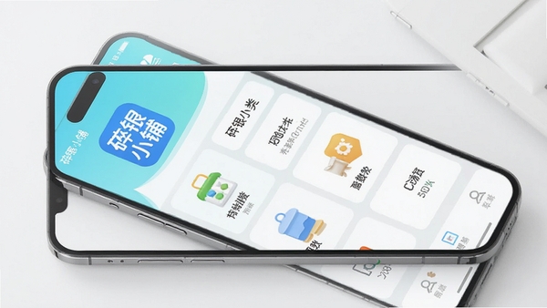 碎银小铺应用主界面预览图,展示其生活服务功能聚合页面,背景为现代简约风格的智能手机,屏幕内清晰显示碎银小铺的图标和分类服务列表,整体色调清新明亮,突出便捷与高效的主题