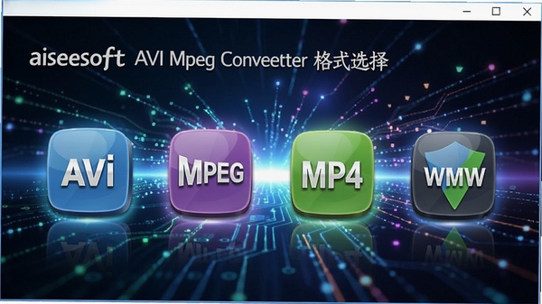 Aiseesoft AVI Mpeg Converter格式选择界面，展示多种视频格式图标如AVI, MPEG, MP4, WMV，以3D图标形式排列，背景为科技感光效，色彩鲜艳，突出软件强大的格式兼容性。