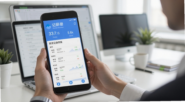 记薪册 软件主界面 薪资记录工具 手机应用截图 简洁直观 蓝色主题 数据显示 职场办公场景