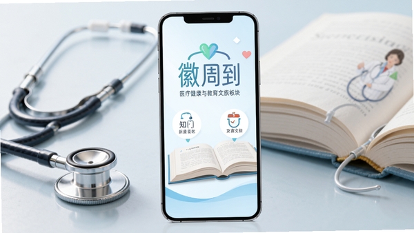 手机屏幕显示“徽周到”医疗健康与教育文旅板块,背景融合听诊器与书本元素,体现健康与知识双重服务,整体色调淡雅,竖版构图。