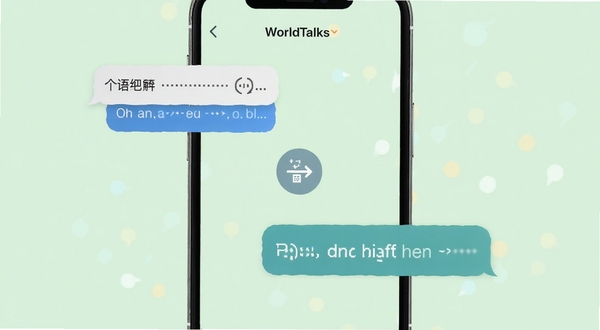 WorldTalks 多语言实时翻译聊天界面，手机屏幕中显示两种语言的对话气泡，一侧是中文一侧是英文，中间有翻译箭头图标，背景为柔和的浅绿色，画面干净整洁，体现跨语言沟通的便捷感
