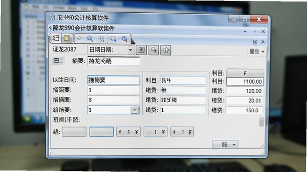 降龙990会计核算软件凭证录入界面特写,画面聚焦于软件操作窗口,展示凭证日期、摘要、科目及借贷金额输入区域,背景虚化,突显软件界面细节