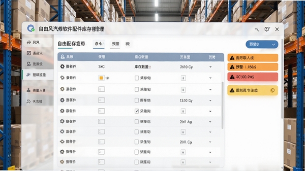 自由风汽修软件配件库存管理页面,展示配件列表、库存数量、预警提示,背景为仓库货架,风格简洁明亮,突出数据表格和警示颜色