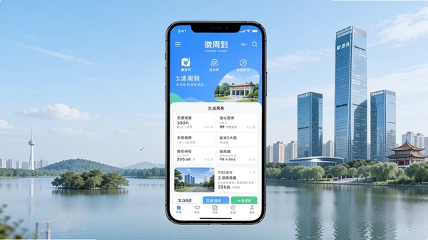 画面主体为一部智能手机屏幕显示“徽周到”APP首页,背景为安徽合肥城市地标(如天鹅湖、政务区高楼),整体色调清新明亮,突出生活服务应用场景,竖版构图,细节清晰。