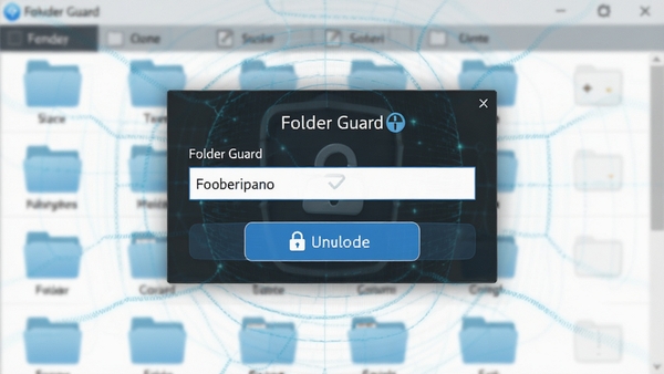 Folder Guard密码验证弹窗,显示输入框与解锁按钮,背景为模糊的文件夹列表,强调安全保护氛围