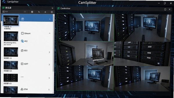 CamSplitter主界面预览图，展示多路视频分割布局，左侧为视频源列表，右侧为分割预览窗口，背景为深色科技感界面，整体风格简洁专业，高清渲染