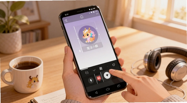 魔法小麟移动端使用场景插画，画面主体为一只手拿着安卓手机正在操作铃声裁剪界面，背景区域为温馨居家环境，桌面有咖啡杯和耳机，光线柔和，适配Boogu模型生成