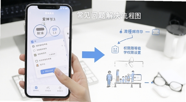 爱坤美化常见问题解决流程图,画面展示手机屏幕中清除缓存和权限设置的步骤示意,背景为简洁的白色办公桌面风格,突出操作指引
