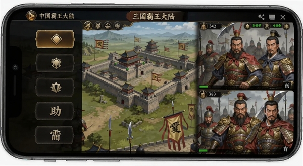 三国霸王大陆(中文辅助菜单)主界面预览图,手机横屏显示游戏辅助面板,面板采用深色半透明背景,左侧竖排中文功能按钮,右侧显示游戏内城池与武将画面,顶部有软件名称标识,整体风格贴合三国策略游戏氛围,画面清晰,细节丰富,适配Boogu模型生成